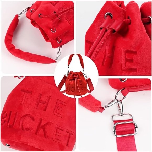 Fire Red Velour Bucket Handbag - Picture 2 of 3